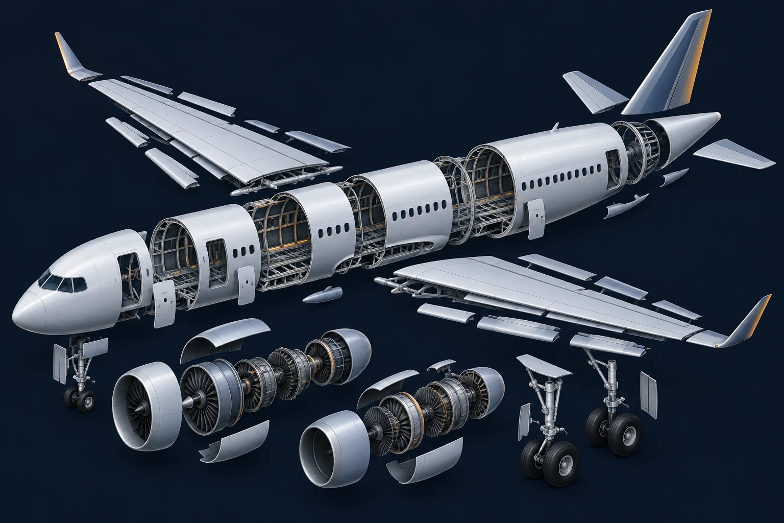 Illustration of aircraft teardown with separated fuselage, wings, engines and landing gear
